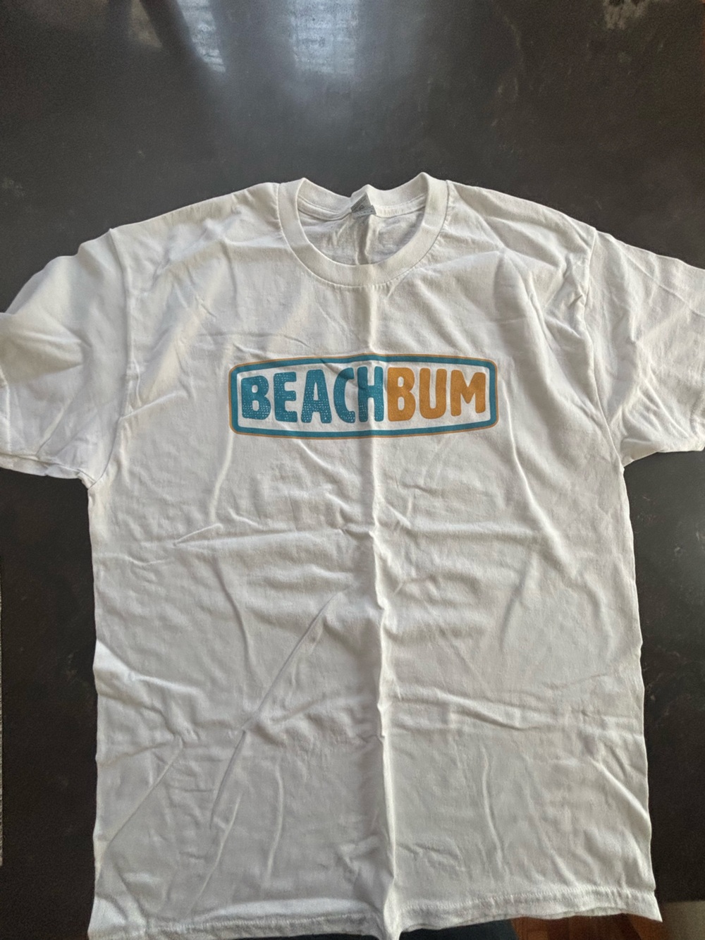 Beach Bum White Mens T-Shirt with Blue & Gold Logo